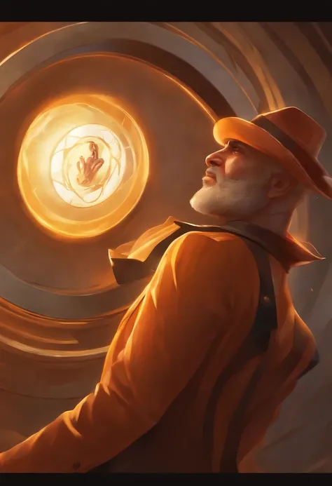 Orange 00D, (The art of Jason Rhodes:1.2), Aerial photograph of a round male investigator, Baldness is styled as curls, Sunny, Caustics, league of legends splashart, trending on artstationh,