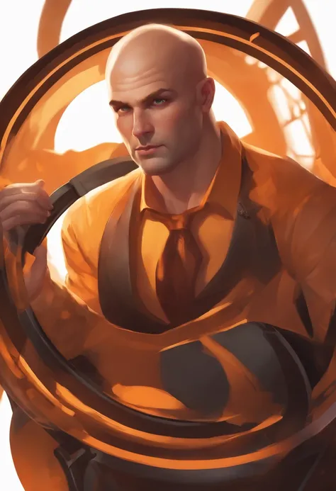 Orange 00D, (The art of Jason Rhodes:1.2), Aerial photograph of a round male investigator, Baldness is styled as curls, Sunny, Caustics, league of legends splashart, trending on artstationh,