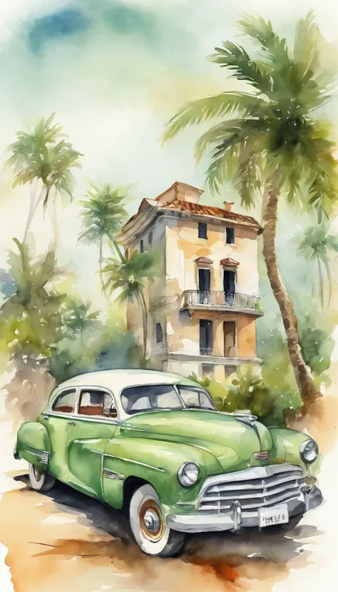 Print old posters, adobe ilustrator, Light green car vector, Beauty in kimono on the edge of a beach in the Caribbean Sea, With palm trees, Old buildings in Havana, ::n_low-quality, human - shaped, Anime, imperfection, Texto, signed.