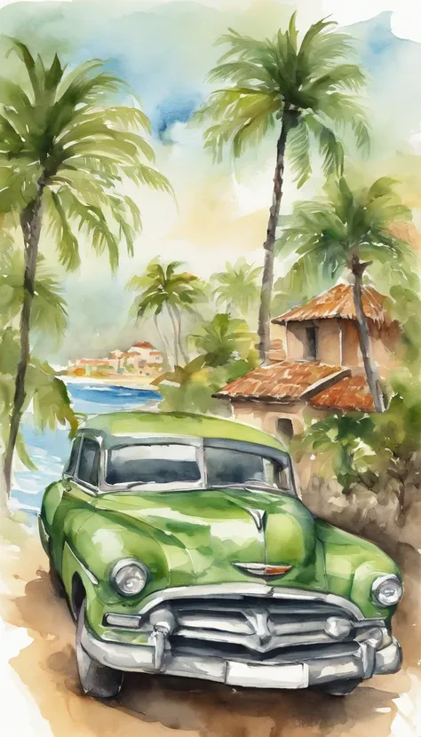 Print old posters, adobe ilustrator, Light green car vector, Beauty in kimono on the edge of a beach in the Caribbean Sea, With palm trees, Old buildings in Havana, ::n_low-quality, human - shaped, Anime, imperfection, Texto, signed.