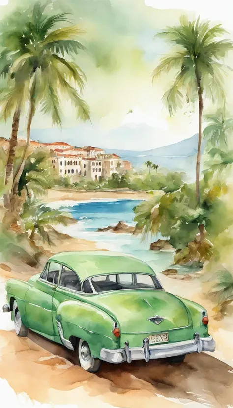 Print old posters, adobe ilustrator, Light green car vector, Beauty in kimono on the edge of a beach in the Caribbean Sea, With palm trees, Old buildings in Havana, ::n_low-quality, human - shaped, Anime, imperfection, Texto, signed.