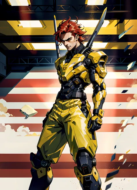 A man with short red-gold hair, hair slicked back, thick and disheveled hair, a cold and ruthless gaze, a confident expression, wears a two-piece futuristic military-style uniform, primarily in shades of white and red, accented by touches of yellow, stream...