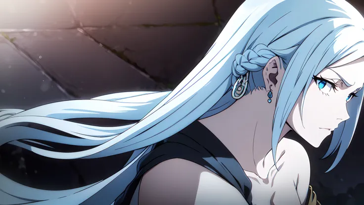 masterpiece, best quality, 1girl, solo, very long hair, white hair braiding, light blue eyes, calm, earrings, close up, off shoulder black dress shinigami, soul society, Bleach