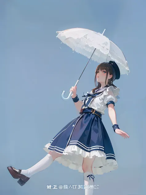 araffe girl in a blue dress and hat holding an umbrella, brown hair, long hair, sailor uniform, lolita style, lolita fashion, anime girl cosplay, loose coat collar sailor uniform, sailor clothing, kantai collection style, anime cosplay, cosplay of a catboy...