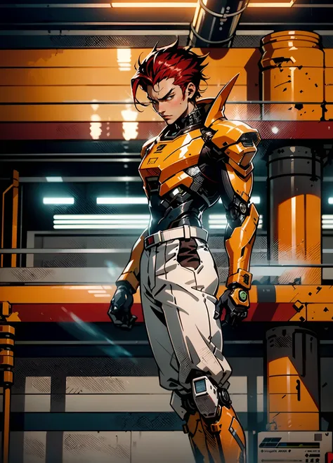 A man with short red-gold hair, hair slicked back, thick and disheveled hair, a cold and ruthless gaze, a confident expression, wears a two-piece futuristic military-style uniform, primarily in shades of white and red, accented by touches of yellow, stream...