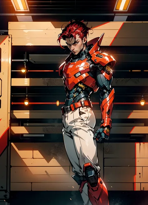 A man with short red-gold hair, hair slicked back, thick and disheveled hair, a cold and ruthless gaze, a confident expression, wears a two-piece futuristic military-style uniform, primarily in shades of white and red, accented by touches of yellow, stream...