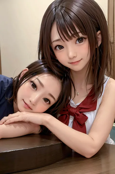 Good friend mother and daughter、18-year-old daughter、50-year-old mother、ssmile、Completely immaculate background、brown haired、beautidful eyes、real looking skin、hi-school girl、small tits、tiny chest、(8K、​masterpiece)、(reallistic、Photorealsitic)、top-quality、ig...