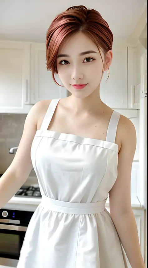 Close-up portrait of a playful maid, undercut hair, Natural, aprons, amazing body, pronounced feminine features, Kitchen, [Ash Blonde | Ginger | Pink hair], freckle, Flirting with camera