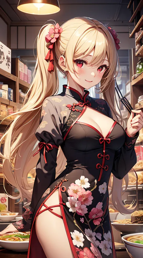 top-quality、Top image quality、​masterpiece、girl with((18year old、Blue cheongsam、Best Bust、Bust 90、Blonde twintails、Red Eyes、open chest wide、Valley、Happiness、A slender、ssmile,fighting poses、Cherry Blossom Hair Ornament)）hiquality、Beautiful Art、Background wi...