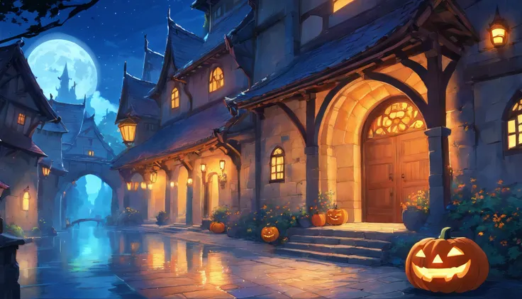 Halloween Floating Lights, Cinematic light and reflection, glowing lights, Intermediate metaverse elements，Digital Painting, Glowing reflections, pondering, Halloween Jack-o-lantern, calm night, Digital Illustration, Beautiful atmosphere, Skylight at night...