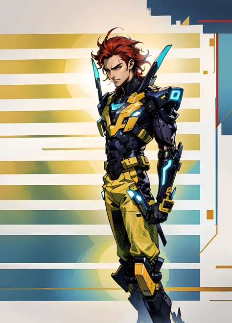 A man with short red-gold hair, hair slicked back, thick and disheveled hair, a cold and ruthless gaze, a confident expression, wears a two-piece futuristic military-style uniform, primarily in shades of white and red, accented by touches of yellow, stream...