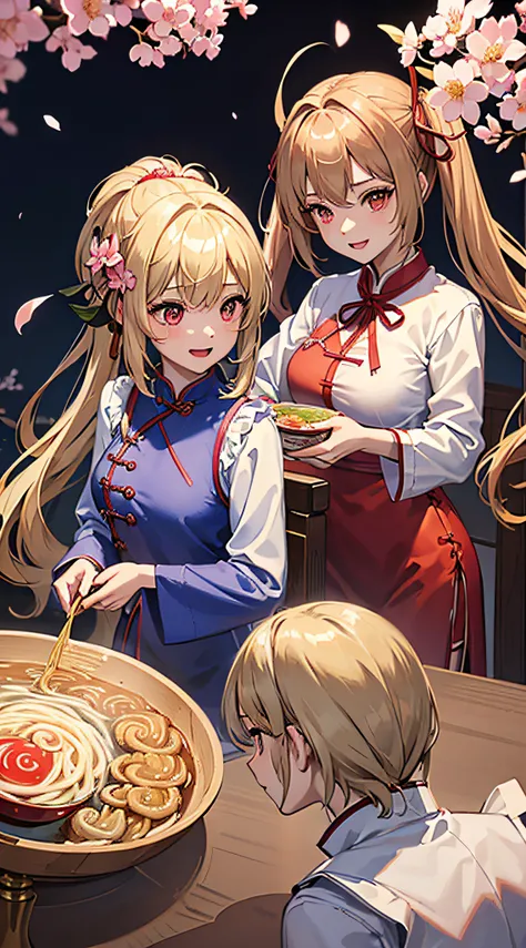 top-quality、Top image quality、​masterpiece、girl with((18year old、Blue cheongsam、Best Bust、Bust 90、Blonde twintails、Red Eyes、open chest wide、Valley、Happiness、A slender、ssmile,fighting poses、Cherry Blossom Hair Ornament)）hiquality、Beautiful Art、Background wi...