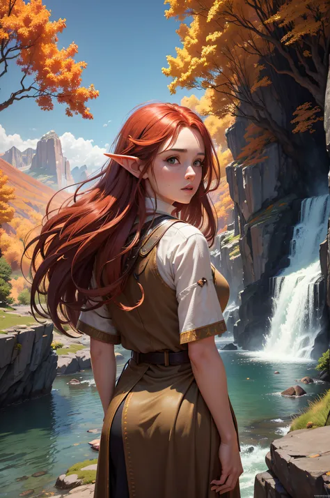 An ultra realistic poster measuring 914x610mm of an elf girl seen full length from behind, long red hair moving with the wind around her, fantastic scenery with vertical rocks on one side and the other, framing the scene, trees with colorful foliage comple...