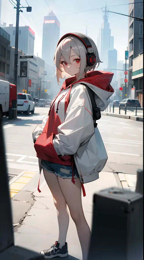 1girl, short ash grey hair, red eyes, wearing white hoodie, denim shorts, city, absurdes, high res, ultrasharp, 8K, masterpiece, looking at viewer, headphone