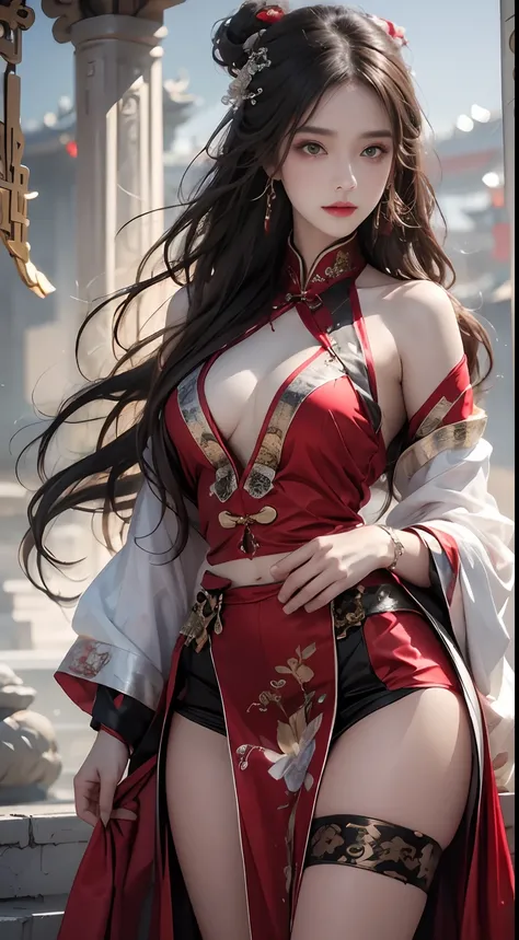 Photorealistic, high resolution, 1 woman, Hips up, Beautiful eyes, Long hair, ringed eyes, jewelry, tattoo, Hanfu, Chinese fairy, Taoist uniform