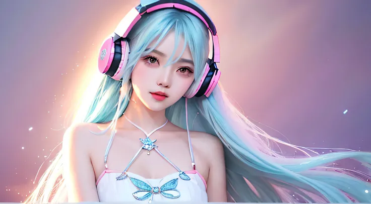 （tmasterpiece、best qualtiy、A high resolution），white backgrounid，，Sweet Chinese girl，light blue long hair，[light blues|Pink big breasts]the hair，，glitters，Pink lips，White color blouse，frontage，(Full body photo),(Cold headphones)