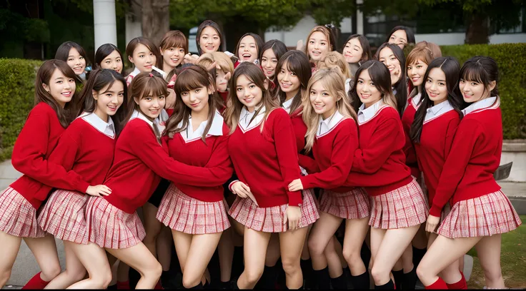 an ultra-high picture quality　50 japan schoolgirls　surrounded by 50 girls in red sweaters　爆乳　a miniskirt