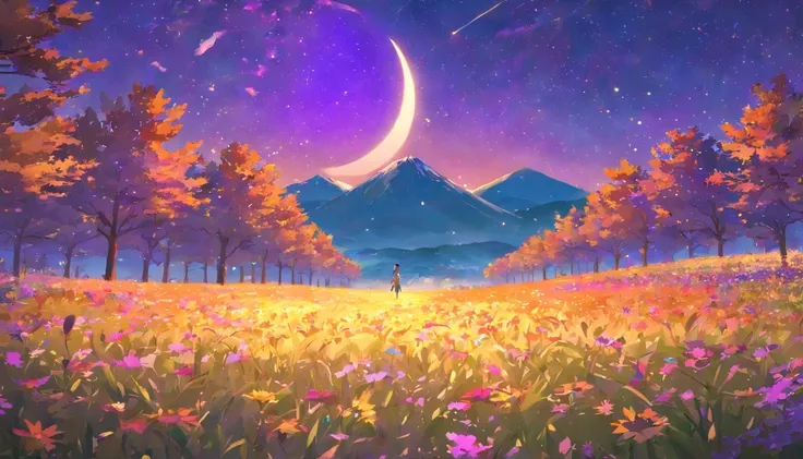 Vast landscape photos，（look from down，Above is the sky，Below are open fields），a girl standing on flower field looking up，（moon full：1.2），（meteors：0.9），（Starcloud：1.3），Far Mountain, Tree BREAK making art，（Warm light source：1.2），（glowworm：1.2），lamp lights，lo...