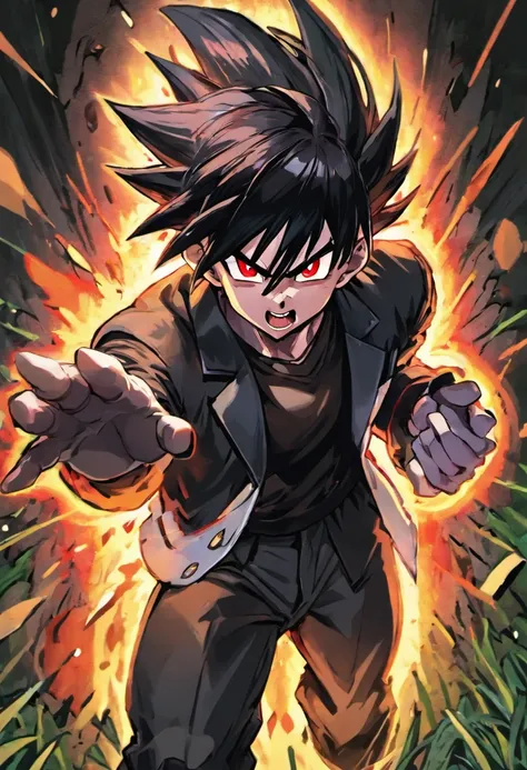 A man with a black jacket and white shirt , black pushed back haircut, black hair, DBZM Dragon Ball, stunning aura, lots of action , lots of Ki energy, grass background , black ClothMask , red eyes , dragon ball style , anime , drawing