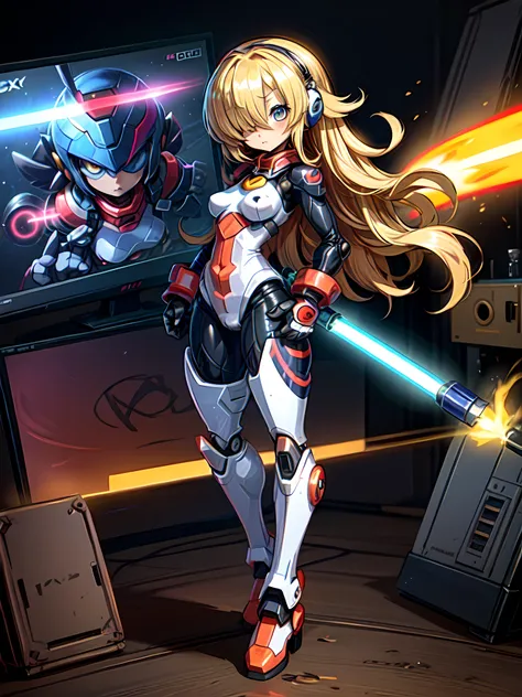 a woman, wearing a red mecha costume with white parts, very tight to the body, yellow hair, long hair, (((hair over eyes))) red ...