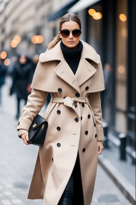 stylish look, cold day, paris, beautiful woman walking down street and looking at camera, 8k, photos taken by hasselblad + incredibly detailed, sharpness, details + professional lighting, photographic lighting + 50mm, 80mm, 100m + lightroom gallery + behan...