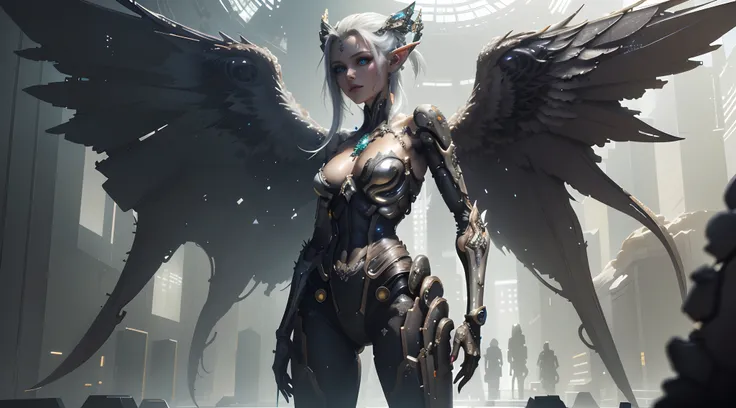 Theres a woman in a futuristic leotard with wings standing in a dark sci Fi scenario, centered in front of the camera, standing still, beautiful cyborg angel girl, portrait of a cyborg queen, perfect cyborg woman, beutiful girl cyborg, 4k detailed digital ...