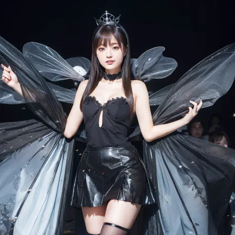 Female idol covered in flies（Cute costumes）、Reluctant、full body Esbian、Queen of flies、Black Dress、a miniskirt、Flock of flies