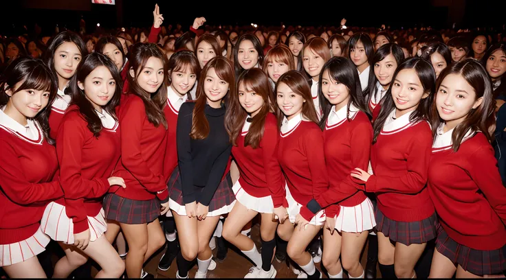 an ultra-high picture quality　50 japan schoolgirls　surrounded by 50 girls in red sweaters　爆乳　a miniskirt