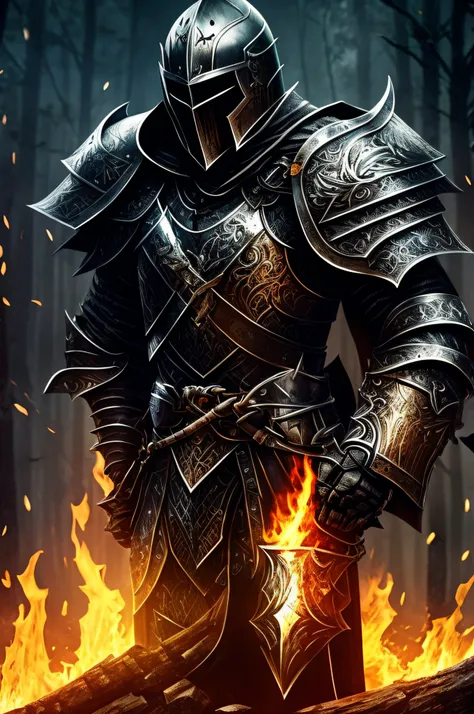 bad ass looking knight in black plated Armour holding his sword looking at the camera standing over dead bodies, in a dark moon lit forest thats set on fire, dark shaded skull metal helmet. hd wallpaper, high quality, masterpiece,