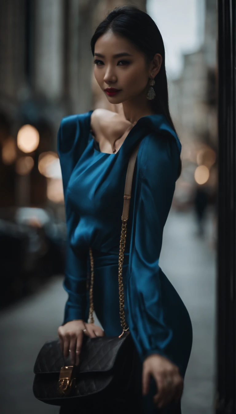 stocklings，boot，tightsuit，exquisite facial features，a asian beauty，tall nose bridge，largeeyes，blue hairs，Busy city streets，Full breasts，Plump buttocks