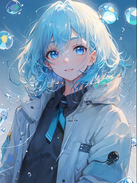 ((top-quality)), ((​masterpiece)), ((ultra-detailliert)), (extremely delicate and beautiful), girl with, 独奏, cold attitude,((Black jacket)),She is very(relax)with  the(Settled down)Looks,A dark-haired, depth of fields,evil smile,Bubble, under the water, Ai...