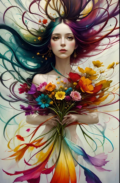 caos, elegante, vivid colors, arte por anne bachelier, atmospheric, a girl, elegante, borboletas, flores florescendo, em movimen...