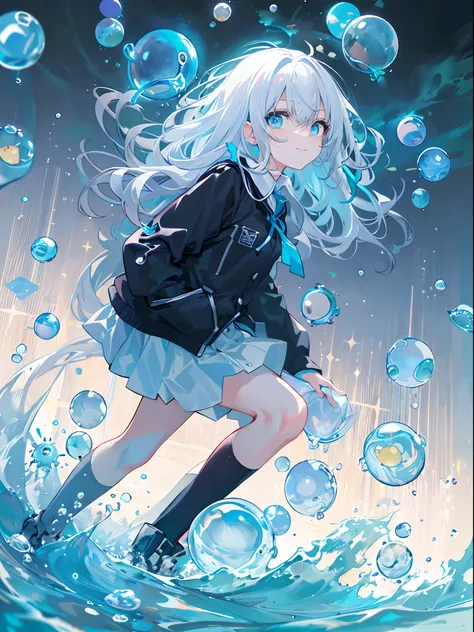 ((top-quality)), ((​masterpiece)), ((ultra-detailliert)), (extremely delicate and beautiful), girl with, 独奏, cold attitude,((Black jacket)),She is very(relax)with the(Settled down)Looks,A dark-haired, depth of fields,evil smile,Bubble, under the water, Air...