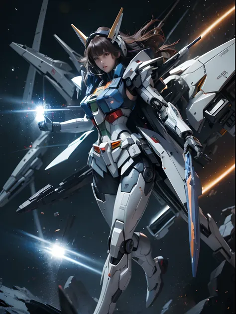 Textured skin, Super Detail, high details,  Best Quality, hight resolution, 1080p, hard disk, a beauty,She wears a futuristic Gundam mecha,(Gundam)