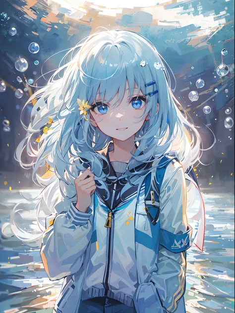 ((top-quality)), ((​masterpiece)), ((ultra-detailliert)), (extremely delicate and beautiful), girl with, 独奏, cold attitude,((Black jacket)),She is very(relax)with the(Settled down)Looks,A dark-haired, depth of fields,evil smile,Bubble, under the water, Air...