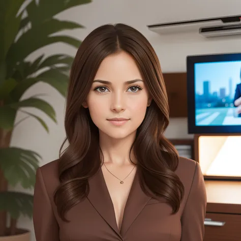 Realistic pictures of women, 25 years old, Medium brown hair, Brown eyes, Bust facing the camera, Looking at the camera, Red suit, Dressed as a TV presenter, Focus from the waist up