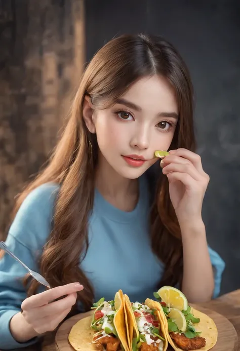 a girl eating french tacos,detailed face features, vivid colors,realistic,fresh ingredients,crispy texture,cheese melting,toppings falling,wooden table,modern setting,soft lighting,delicious aroma