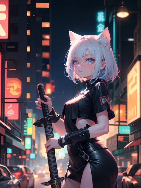 Vtvzny, zjfi, a short blue-gray kitten girl with cool twinkling eyes, katana in a sheath, hand rests on the katana handle, the background of the blurry city neon lights and high-rise buildings in the distance highlights his fashion and confidence,