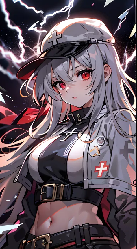 upper body, 1woman, black hair, Long Haired, red eyes, ((Saint)), black jacket, big breats, wallpaper, Lightning background, light particles, ((masterpiece)), ((best quality)), ((Top Quality)), pale white skin, solo, black cap, midriff, Lightning Style, ha...