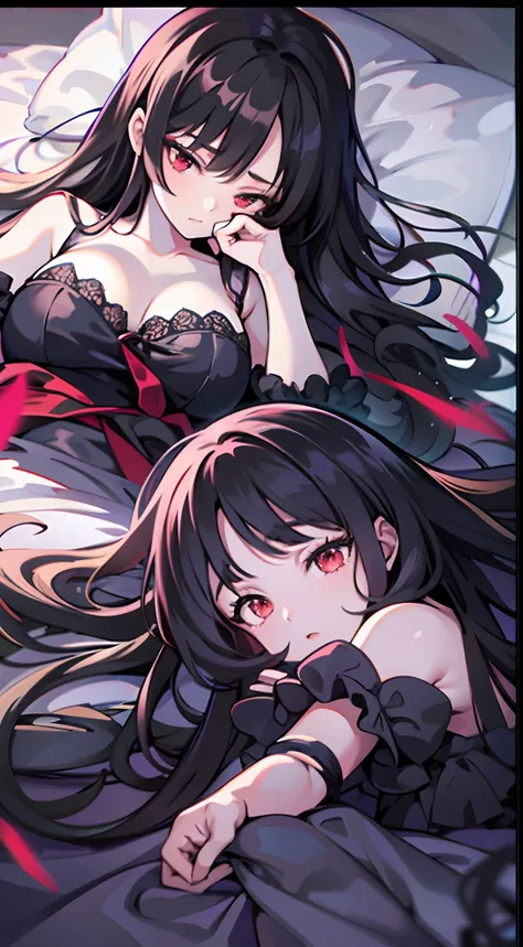 upper body, 1woman, black hair, Long Haired, red eyes, black Nightgowns, big breats, wallpaper, bedroom background, light particles, ((masterpiece)), ((best quality)), ((Top Quality)), pale white skin, solo, lying down