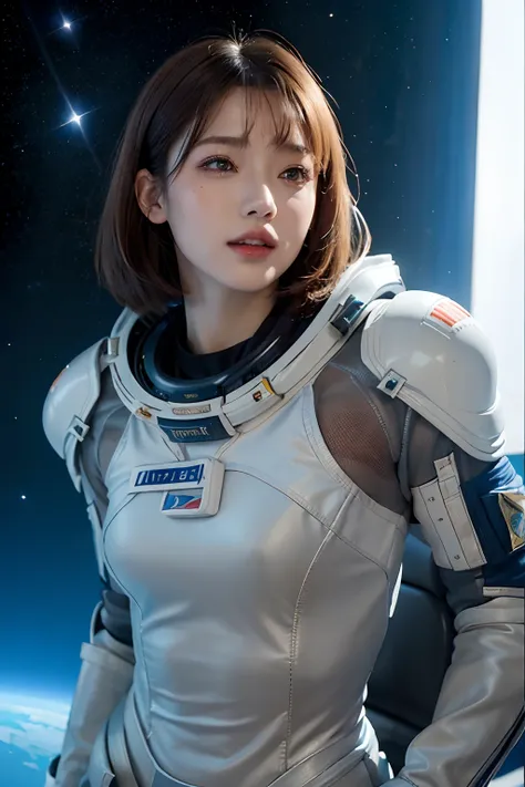 top-quality、​masterpiece、超A high resolution、(realisitic:1.4)、Beautuful Women１、Beautiful detail eyes and skin、ssmile、Light brown short-cut hair、The perfect spacesuit、spaceships、Inside the spacecraft、macrocosm、