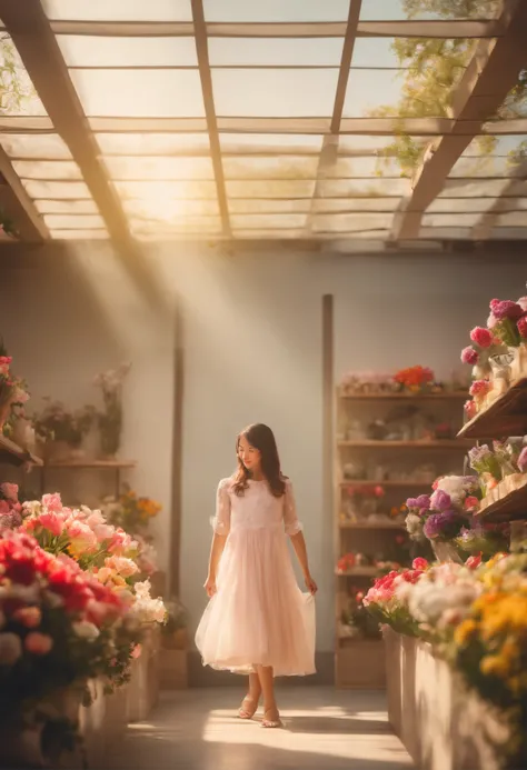 In the flower shop, a little Japanese girl in a dress, the film is still there, floating in the sky, brightly, cheerfulness, intriguing, gentle soft lighting, highres, realistic, portraits, vivid colors, pastel tones, delicate petals, vibrant blooms, fresh...