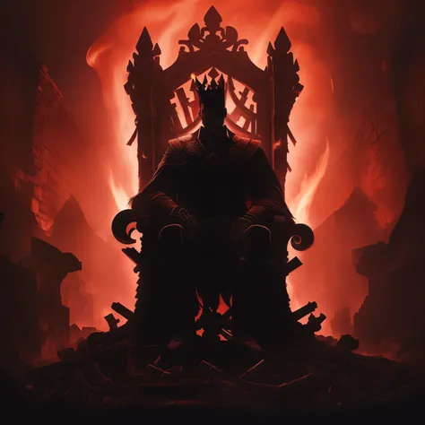 imagine: silhouette of a handsome, chamoso man sitting on a huge throne made specifically of bones. in the background a dark red...