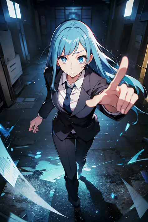 miwakasumi, eyes, blue hair, long hair, breaking a tie, black suit，trouser，break looking at viewer, full body, break indoors, cr...