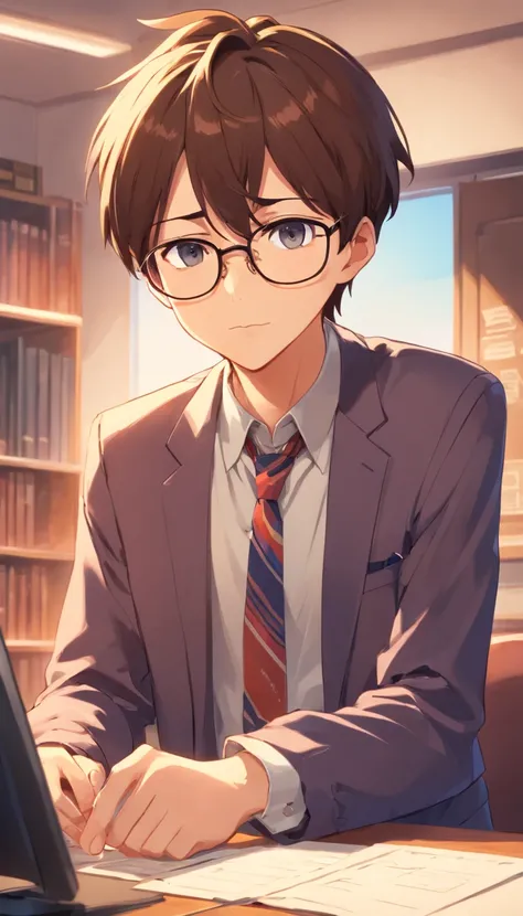 student council president, boy, square glasses, slender, mature, elegant hairstyle, cynical, wearing a watch, anime, unrestrained temperament, cynical, programmer, in school uniform