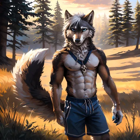 ((Solo)), male people, anthro wolf, (Multi-colored fur, White-brown:1.3), ((Wolf face, White hair, Big eyes, White eyelids, Blue pupil, Slim:1.2) (Tough, Calm expression:1.2)), Abs, Slim, pinging)), (Correct anatomy), (Work shorts:1.1), (Contour bone:1.2),...