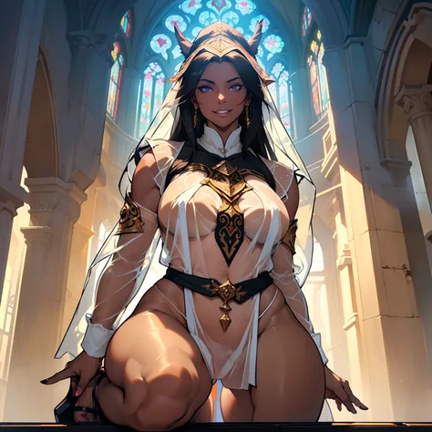 (high resolution, The pixels are perfect, luxurious illustration), (hyper qualit, Masterpiece, Ethereal: 1.4), (((see-through tabard:1.4)))，nun,(((Completely naked )))，in  church，((open leg))， ((bare Cameltoe))，mature female，Black areola,female public hair...