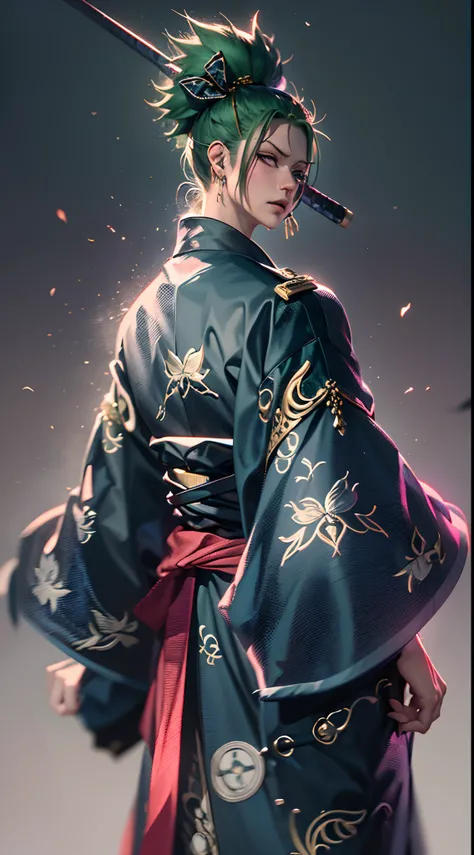 Personaje de anime con cabello verde con cicatriz en el ojo izquierdo, con 3 espadas legendarias(3 espadas)(desenfundar),kimono,japones,espadas legendarias japonesas,3 pendientes de oro,( Roronoa Zoro), de una sola pieza, Ilustraciones HD, Chico guapo en e...