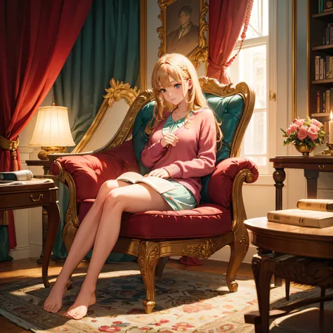 In a quaint reading nook, golden candlelight illuminates the pages of a book, contrasting with the deep blue curtains. A plush emerald chair, ruby-red cushions, and a woman in a soft pink cardigan create a haven of comfort and warmth.