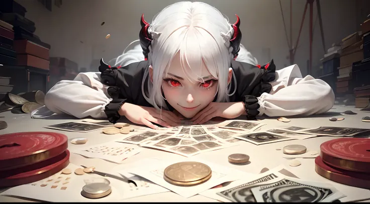 best quality, white hair, red eyes, black clothes, looking up, upper body, hair strand, Fair skin, smiling, Banknotes and coins are scattered, lie down, devil